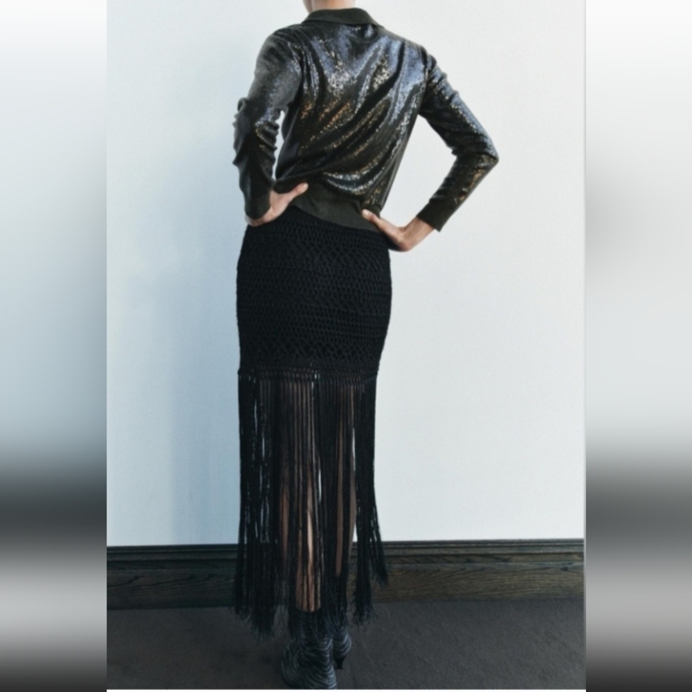 Zara Crochet Knit Fringe Black Skirt - Picture 4 of 5